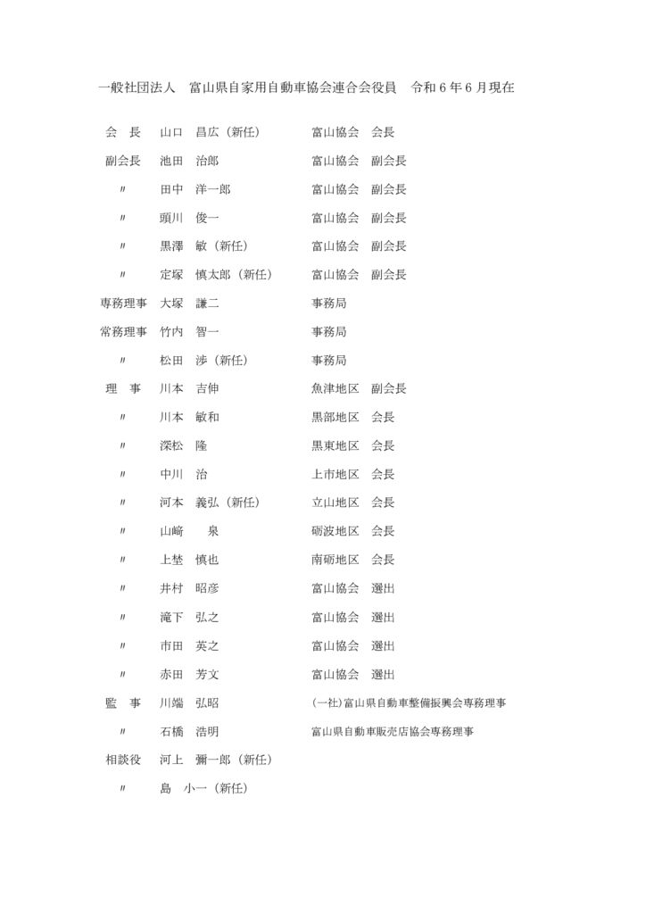 一般社団法人富山県自家用自動車協会連合会役員令和6年6月現在のサムネイル